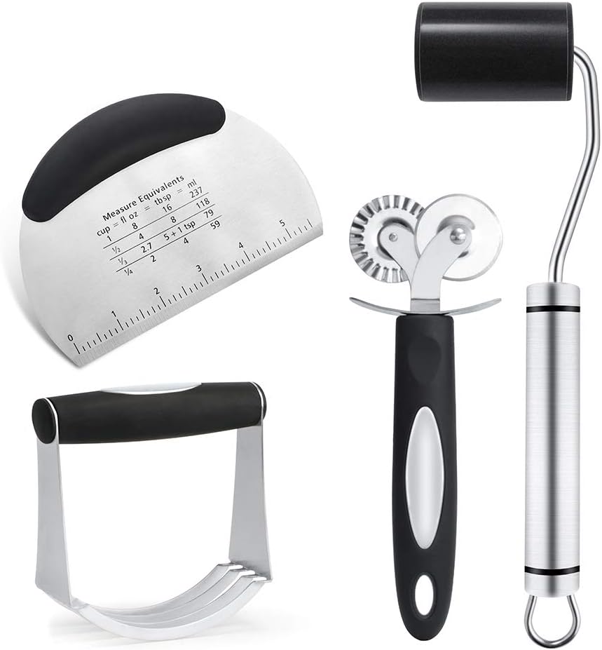 Stainless Steel Pastry Cutter Set - Pastry Scraper, Dough Blender, Rolling Pin, Pastry Wheel, Professional Heavy Duty Baking Dough Tools for Home Kitchen, Gift Package (Set of 4)