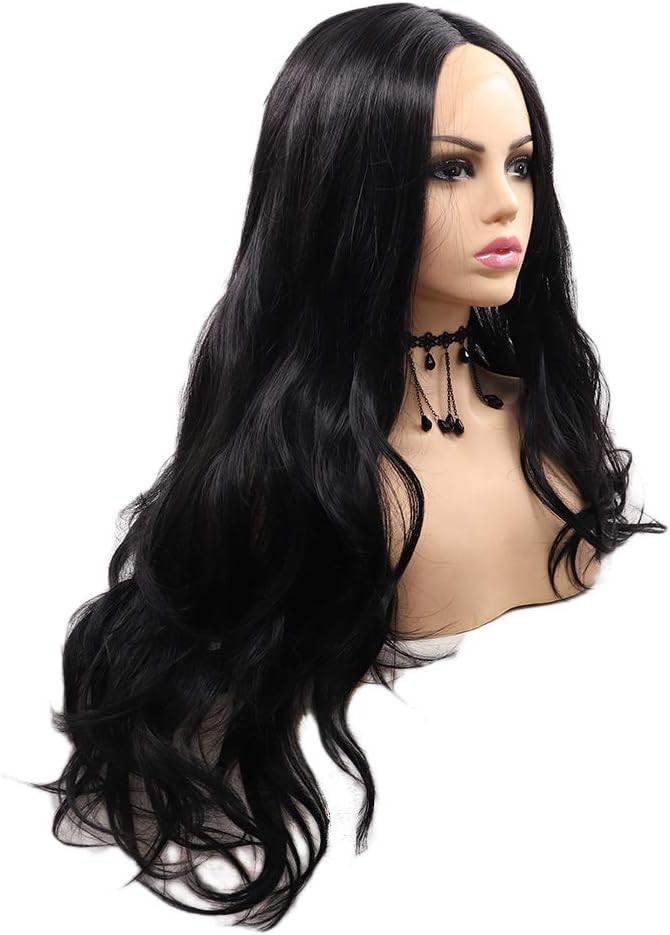 1B Black Lace Front Wigs for Women Long Curly Realistic Looking Side Part Synthetic Wig Heat Fiber Pure Black Lace Wig 150 Density Cosplay Amine Daily Use 24 Inches - Image 3