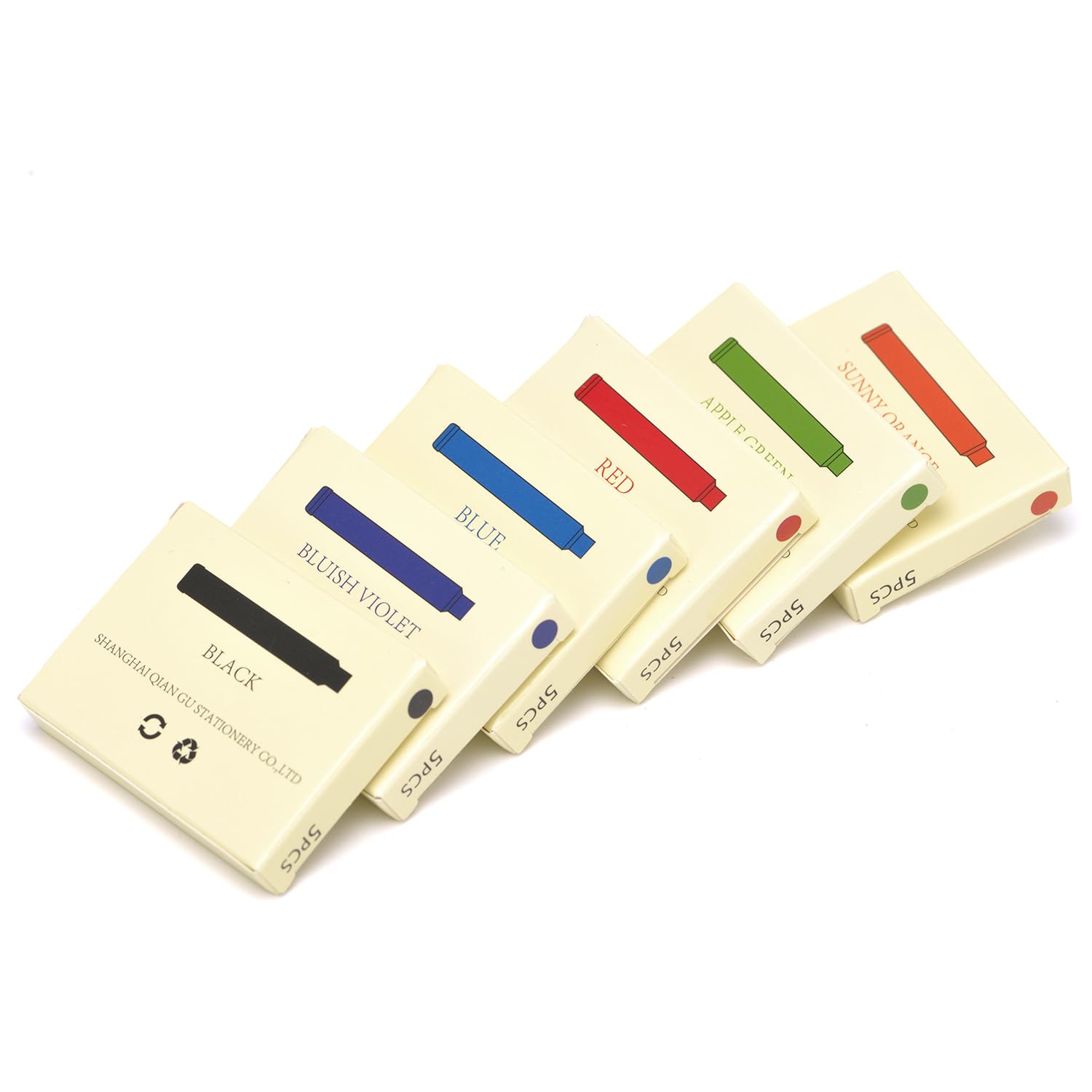 30 PCS Jinhao Fountain Pen Ink Cartridges Refill 6 Colors Set, Black, Blue, Apple Green, Purple, Red and Orange International Standard Size 2.6mm Bore Diameter