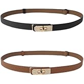 Lyoveu B-LT1 Women Thin Waist Belt for Dresses, Jeans, Coats, Sweater, Pants. Skinny Leather Belt with Adjustable Solid Color Alloy Turn-Lock Gold Buckle Inlaid Rhinestone Sparkle.