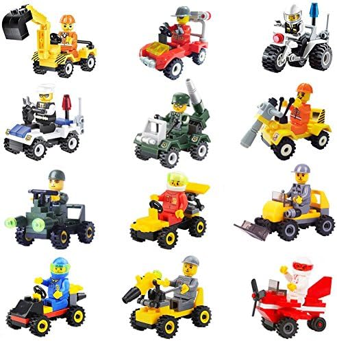 Minifigures Set 12 Piece with Individual Vehicle - Building Toy Bricks Construction Vehicles with Compatible Minifigures for Kids Party Favors