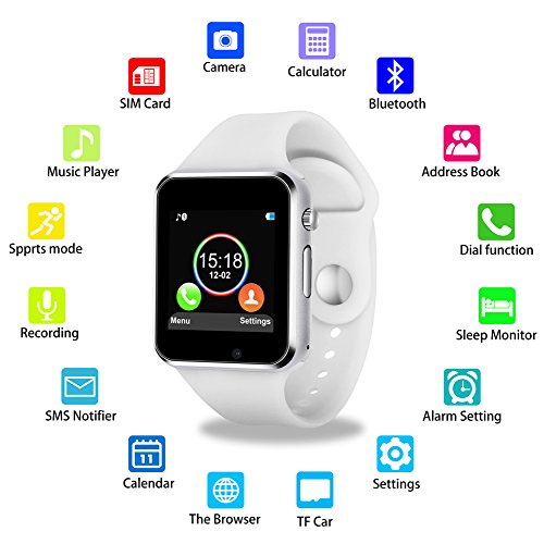 2018 Newest Smart Watch PLYSIN Bluetooth Smartwatch Unlocked Watch Cell Phone with Sim Card Slot Track Activity Watch with Pedometer Camera Music-Player for iOS iPhone Android Samsung (White)