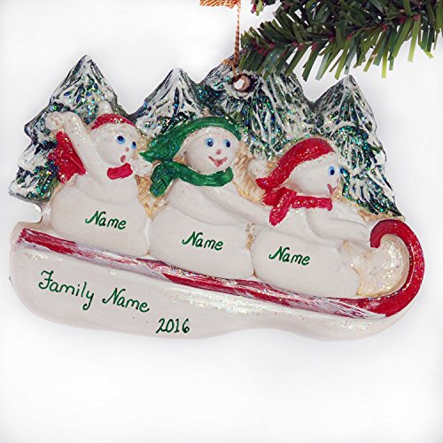 Family of 3 Personalized Snowman Sledding Christmas Ornament - Thumbnail 4