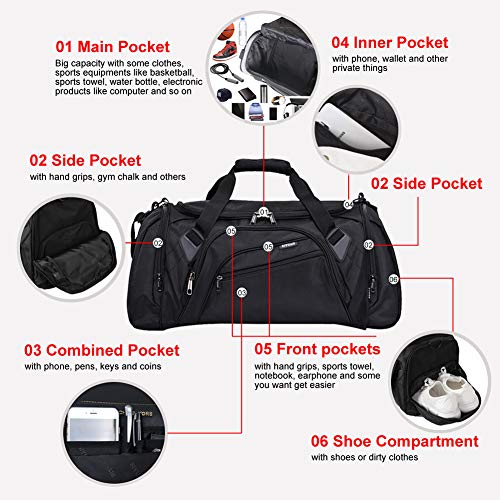SIYUAN Gym Bag for Men Sports Duffel Athletic Exercise Big Training Boxing Equipment Bag with Shoe Compartment, Black, X-Large