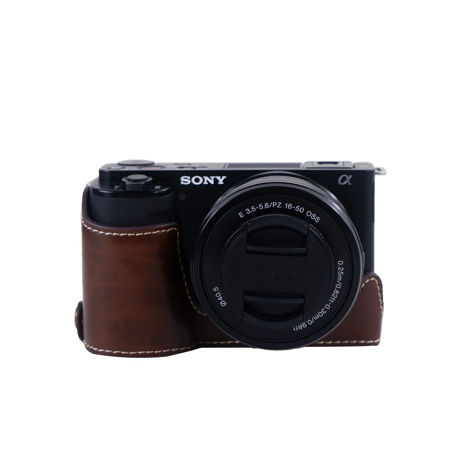 Rieibi ZVE10 Case - Quality PU Leather Half Case for Sony ZV-E10 Mirrorless Digital Camera - Grip Protective Case for Sony ZVE10 - Coffee