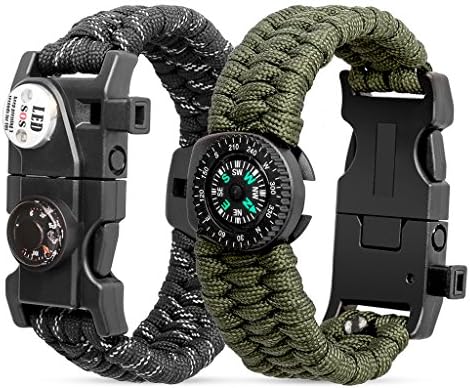 konitee Outdoor Survival Paracord Bracelet With Compass Fire Starter SOS LED Light Emergency Knife Whistle For Hiking Camping Hunting(G/W&amp;B)