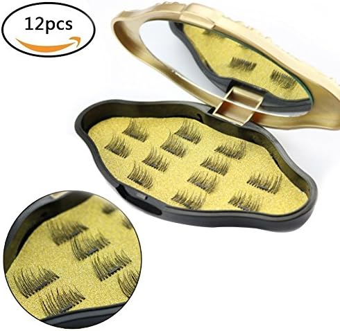 Magnetic False Eyelashes Extension Set with Makeup Mirror Case - Denkonni (12 pieces) Ultra Thin 3D Fiber Reusable Fake Lashes Extension Half Size Fake Lashes in One Set for Natural Look (3 Pairs)