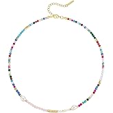 KissYan Beaded Choker Necklace for Women, Colorful Natural Gemstones Pearl Choker 14K Gold Plated Pendant Healing Crystal Necklace Handmade Stone Jewelry Gift