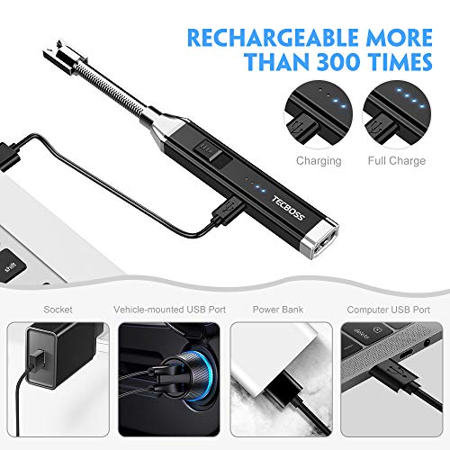 TECBOSS Candle Lighter, Electric Arc Lighter for Kitchen, BBQ, Fireworks, Gas Stove, Flameless Windproof Long Lighter with USB Rechargeable Interface, 360° Rotated Tube