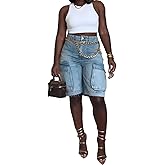 OLAMIOSO Women Y2k Baggy Denim Shorts Loose Fit Mid Rise Cargo Long Jean Shorts