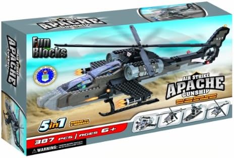 Fun Blocks (Compatible with Lego) Apache Helicopter 5-in-1 Brick Set (387 Pieces)