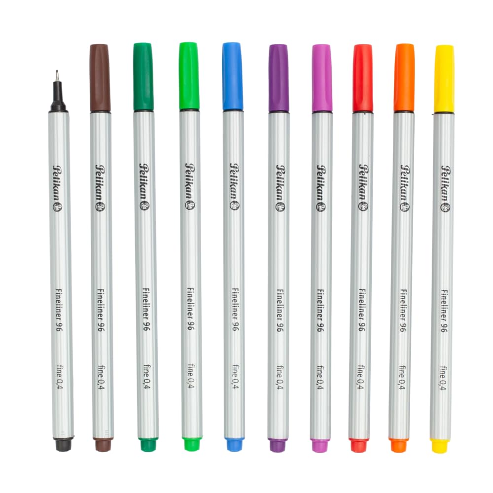 Pelikan Fineliner Pens, Superfine 0.4mm line width, Water based ink, Ergonomic - Assorted Colours (Pack of 10)