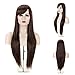 MelodySusie Dark Brown Long Straight Wig for Women, 31 inches Silky Long Straight Wig with Bangs Synthetic Wig Hair Halloween Heat Resistant Natural as Real Hair with Free Wig Cap, Dark Brown