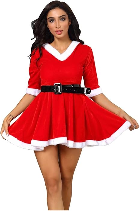 HebeTop Women's Mrs. Claus Christmas Sweater Dress - Red Zip Up Santa Dress with Hood Female at 