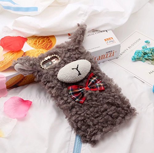 iPhone 6/6S Case,Cute 3D Plush Fur Furry Sheep Soft TPU Case Bowknot Hairy Nose Flocky Cute Ear Bling Diamond Bowknot Case For iPhone 6/6S - Grey