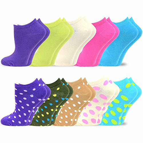 TeeHee Women s Valued 9+1 Pack Fashion No Show Cotton Socks (Solid, Dots)
