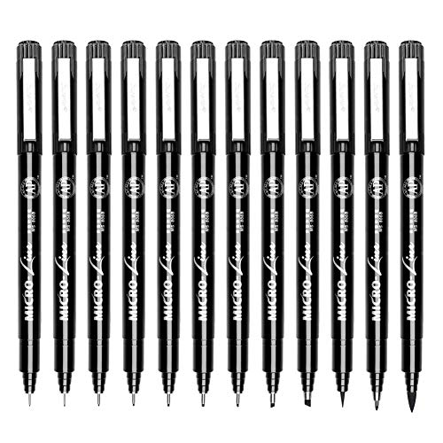 Set of 12 Black Micro-Pen Fineliner Ink Pens - Waterproof Archival Ink Micro Fine Point Liner Pen, Multiliner, Calligraphy Brush, Illustration, Technical Drawing, Office Documents, Scrapbooking
