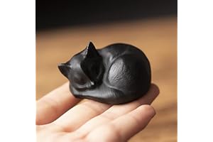 OwMell 2" Natural Black Obsidian Sleeping Cat Statue Hand-Carved Healing Stone Gemstone Kitten Statue Figurine
