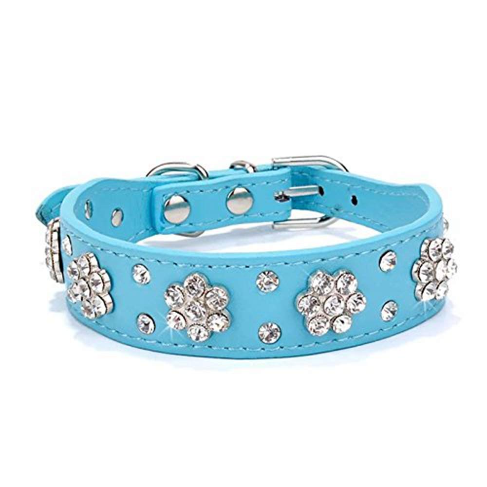 haoyueer Rhinestone Dog Collar, Cute Flower Rhinestone Cat Dog Collar Bling Collar PU Leather Collar Adjustable Sizes Small Medium Large (M, Blue)
