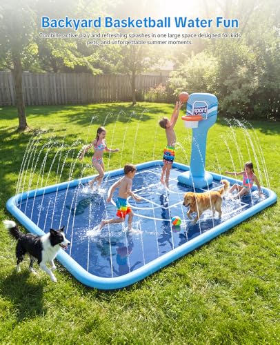 Splash Pad for Kids, 118"x138" Extra Large Sprinkler Splash Pad with Basketball Hoop & Ball, Non-Slip Outdoor Water Toys for Backyard Summer Fun