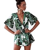 ASSKDAN Women's Fashion V Neck Leaves Print Short Sleeve Jumpsuit Rompers (Green, S)