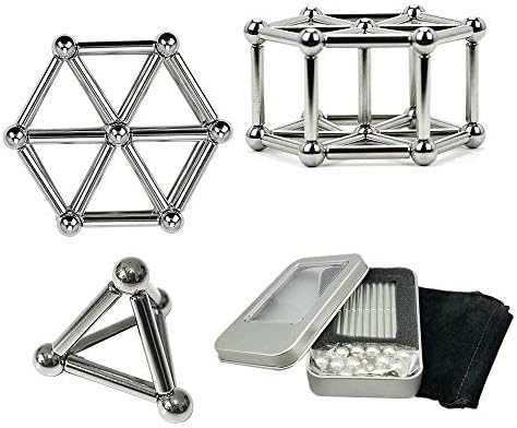 Magnetic Build Set Bulk Magnets Sculpture Desk Stress Toys Fidget Puzzle Creativity Boost Miniature Toys with Magnet Stick and Metal Ball 63 Pack Silver