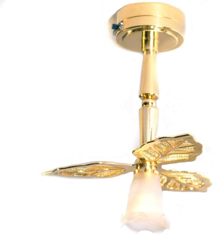 Melody Jane Dollhouse Gold Leaf Ceiling Fan Light Frosted Tulip Shade LED Battery Lamp
