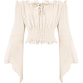 KIMIKAL Renaissance Cottagecore Shirt Women Peasant Blouse - Tie Front Off Shoulder Trumpet Sleeve Top
