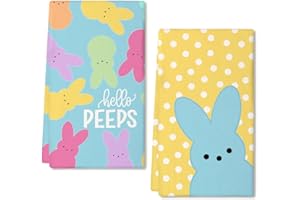 ARKENY Easter Kitchen Towels Set of 2,White Polka Dot Bunny Hello Peeps Dish Towels 18x26 Inch Drying Dishcloth,Farmhouse Holiday Seasonal Spring Decorations AD251
