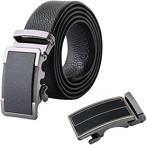 Men's Belt IYAFFA Genuine Leather Black Ratchet Belt for Men 2-Pack Automatic Buckles