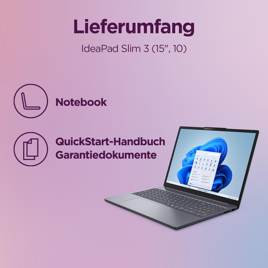 Lenovo IdeaPad Slim 3 Laptop | 15.3" WUXGA Display | AMD Ryzen 5 150 | 512GB SSD | 16GB RAM | AMD Radeon Grafik | QWERTZ | Windows 11 | Luna Grau | 3 Monate Premium Care 8