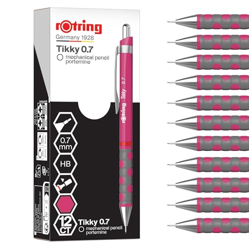 rOtring Tikky Mechanical Pencil | HB 0.7 mm | Magenta (pink) Barrel | Lightweight with Rubberised Grip | 12 Count