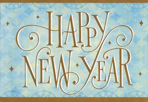 Swirling Gold Foil New Year on Blue Box of 16 New Year Cards