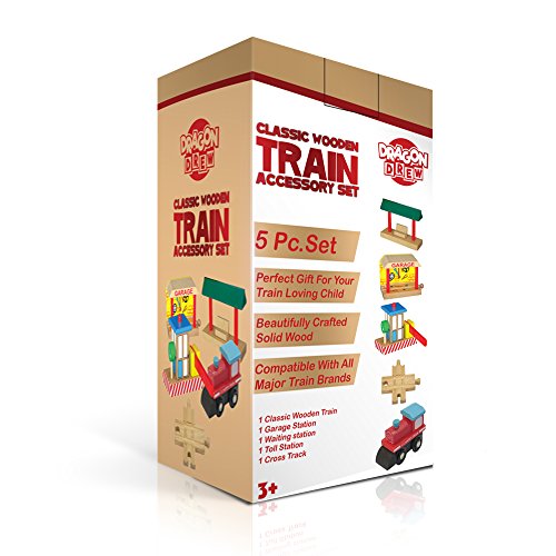 Wooden Train Tracks Accessories Set 100% Compatible with All Major Train Brands - 5 Pieces - By Dragon Drew