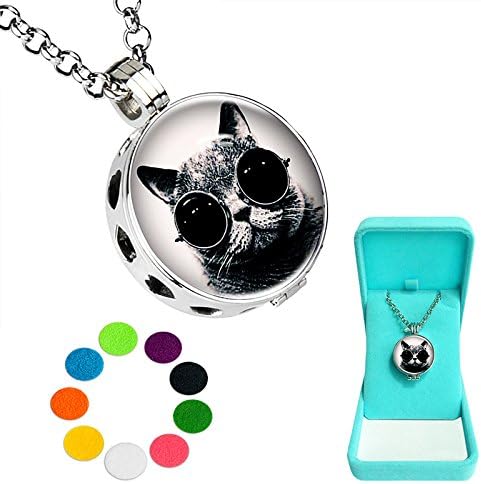 Aromatherapy Essential Oil Diffuser Necklace Perfume Locket Pendant Animal Charms Jewelry with 9 Refill Pads Glass Cabochon Gift Sets for Kids (Cool Cat)