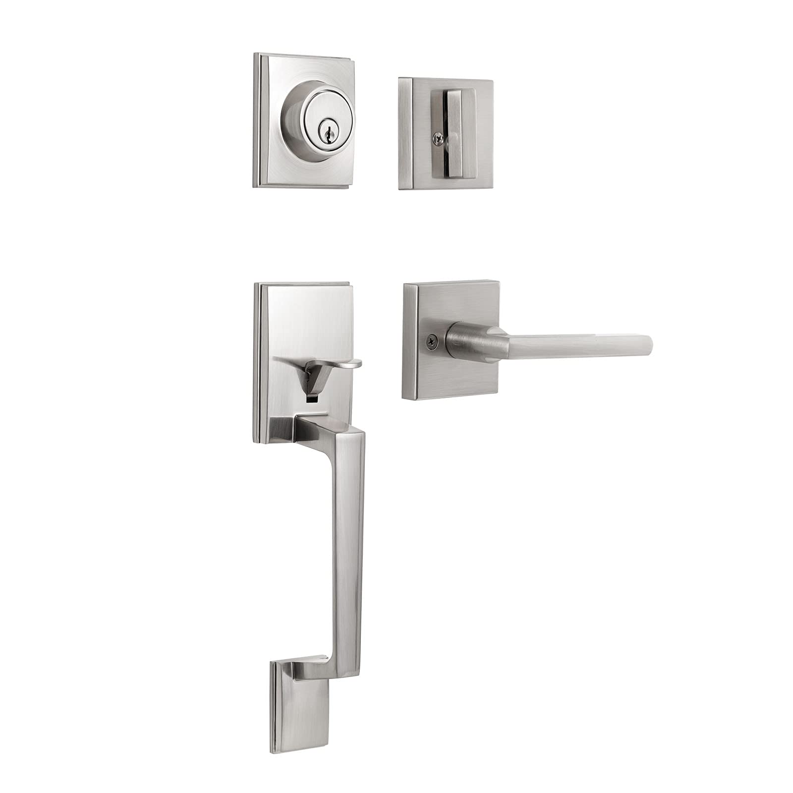 GUA OYH Front Door Handleset Satin Nickel Front Door Handle with Handle Lever Door Handle Sets Front Door Lock Set Handleset with Single Cylinder Deadbolt Door Handles for Front Door or Office Door