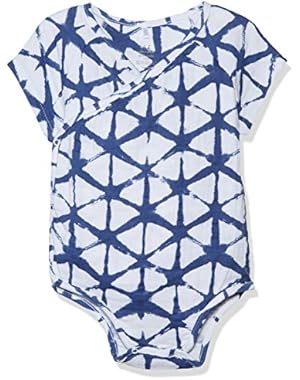 Baby Boys Short Sleeve Kimono Body Suit, cubic indigo shibori, 6-9M