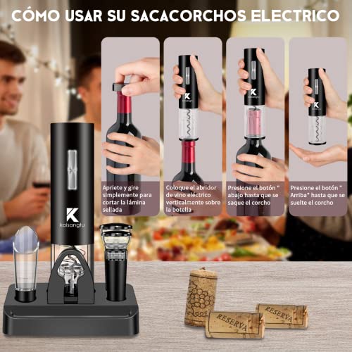 Sacacorchos Eléctrico Inalámbrico, Kaisangtu Automatico Abrelatas de Vino USB Recargable Vertedor de Vino con Cortador de Papel, 2 Tapón de Vino Silicona de Vacío, Base, Caja de Regalo