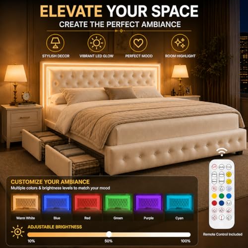 Queeen Bed Frame with 4 Storage Drawers, LED Bed Frame with Remote Control Rhythm Sync Light, Adjustable Diamond Tufted Headboard, No Box Spring Needed, Velvet Cream