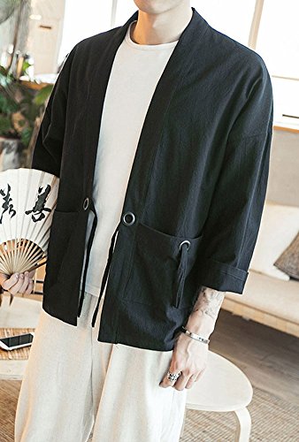 Plaid&Plain Men's Vintage Kimono Cardigan Casual Linen Pocket Cardigan Coat Black M