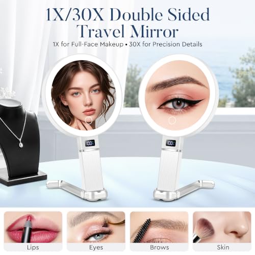 MIYADIVA Illuminated Magnifying Mirror, 1X/30X, Double-Sided Makeup Mirror with Adjustable Stand, Digital Power Display and 3 Dimmable Light Shades, White