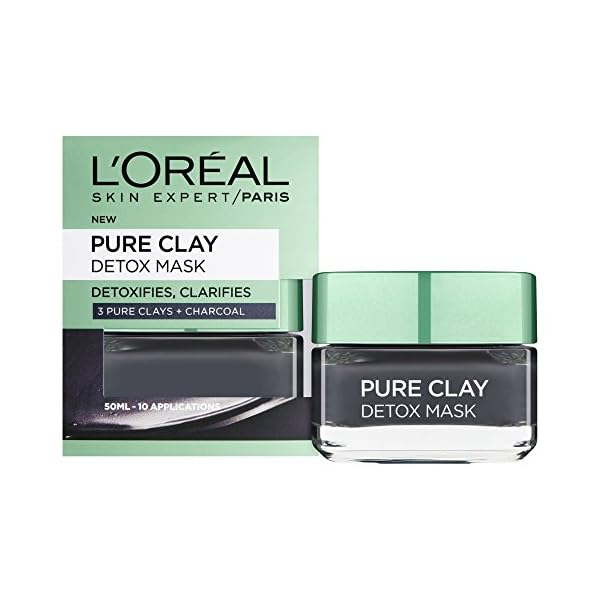 L'Oreal Paris Pure Clay Black Charcoal Detox Face Mask, Deep Cleansing Skin Care for All Skin Types 50 ml