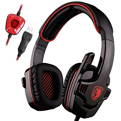 SADES SA901 Over Ear USB Wired 7.1 Surround Noise Cancelling PC Gaming Headset with Microphone (Black Red)