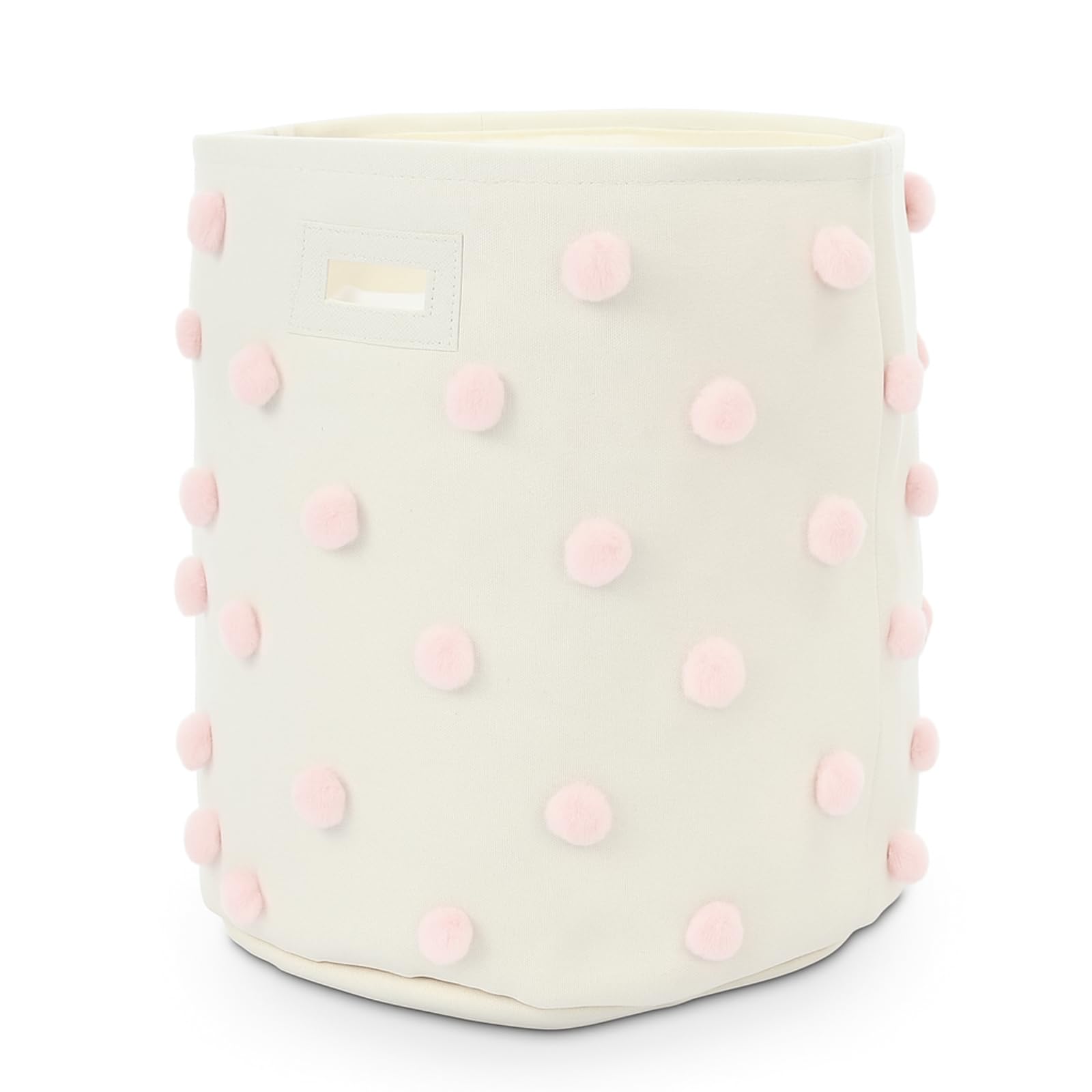 Photo 1 of Sunnymove 17.5" D x 20.8" H Pink Pom Pom Basket Bin Blush Large Cotton Canvas Laundry Hamper Baby Girl Laundry Basket Storage, Baby Nursery Hamper for Nursery Playroom Home Pink Room Organizer Decor