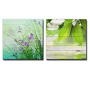 Small Purple Flowers with Blue and Green Circles Along with Branches with Leaves Over Wooden Panels - Canvas Art Home Art - 12x12 inches