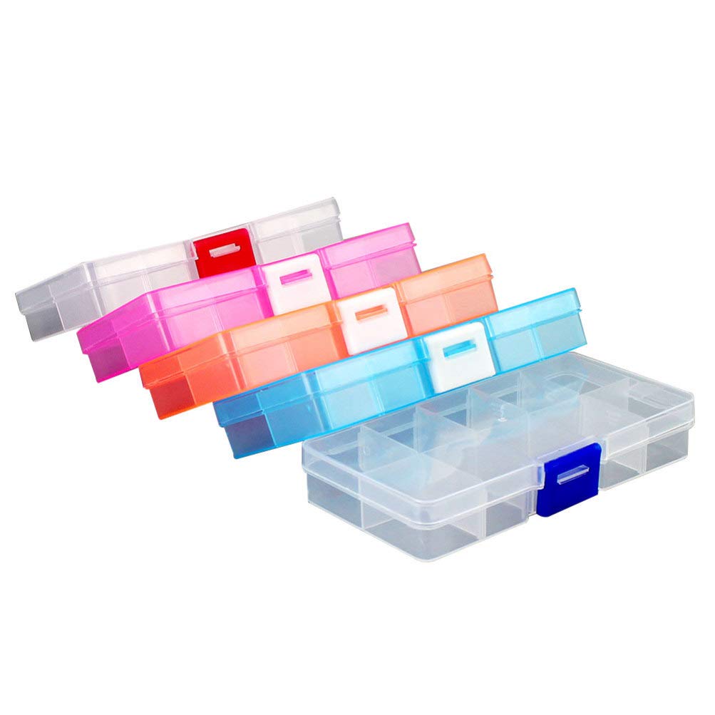 HEALLILY 5PCS Adjustable Storage Box Plastic Compartments Organizer Box 10-Grid with Removable Dividers for Home Kitchen Office Jewelry Pill and More