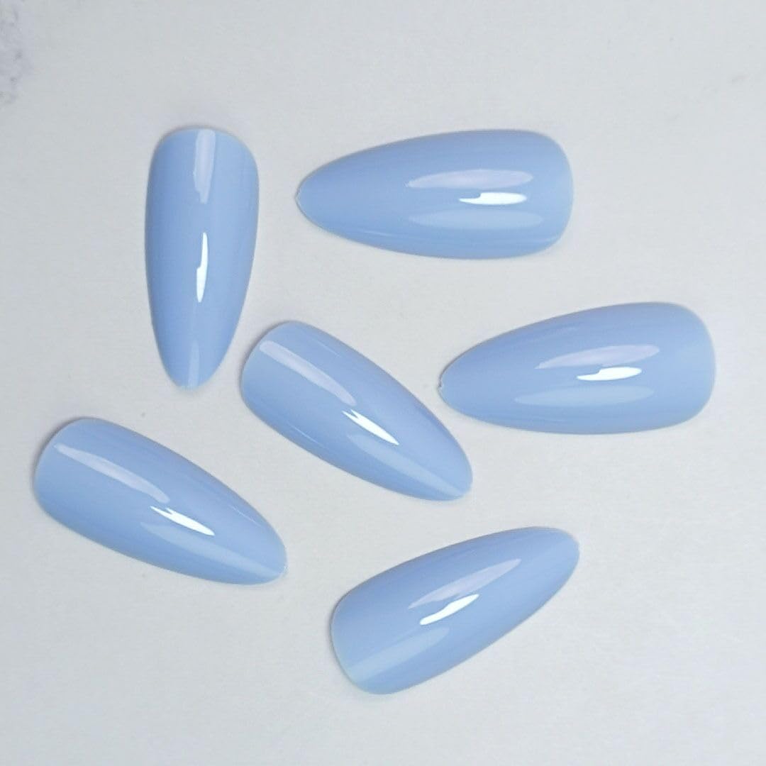 Light Blue Nails Press on Nails Almond Medium, Solid Color Glossy Fake Nails Press Ons Almond Shape, Stick on Nails for Women and Girls Daily Wear in 24PCS - Image 4