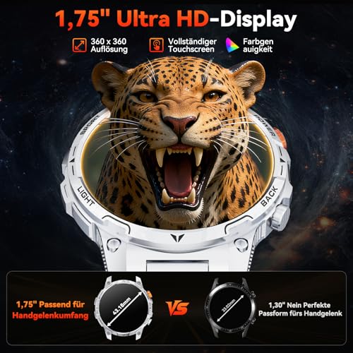 Men's Military Smartwatch with 1000 mAh Battery/2 Bracelets/1.75 Inch HD Large Display Sports Watch/110+ Sports Modes Fitness Watch/LED Torches/24/7 Heart Rate/Sleep Monitor/IP68 Waterproof for iOS