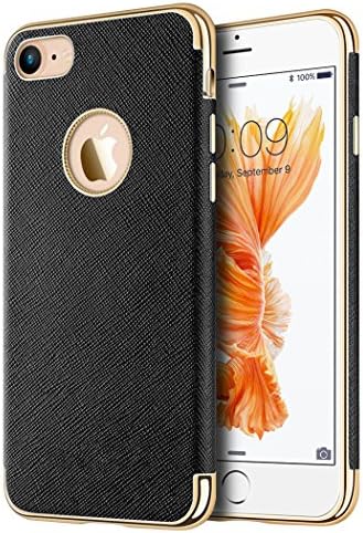 Apple Iphone 7 Saffiano Luxury Tpu Case With Electroplated Frame / Buttons And Built-In Magnatic Metal Plate - Black