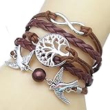 JQUEEN Brown Peace Dove Tree Infinity Leather Rope Vintage Silver Plated Bracelet Bangle for Women Gift